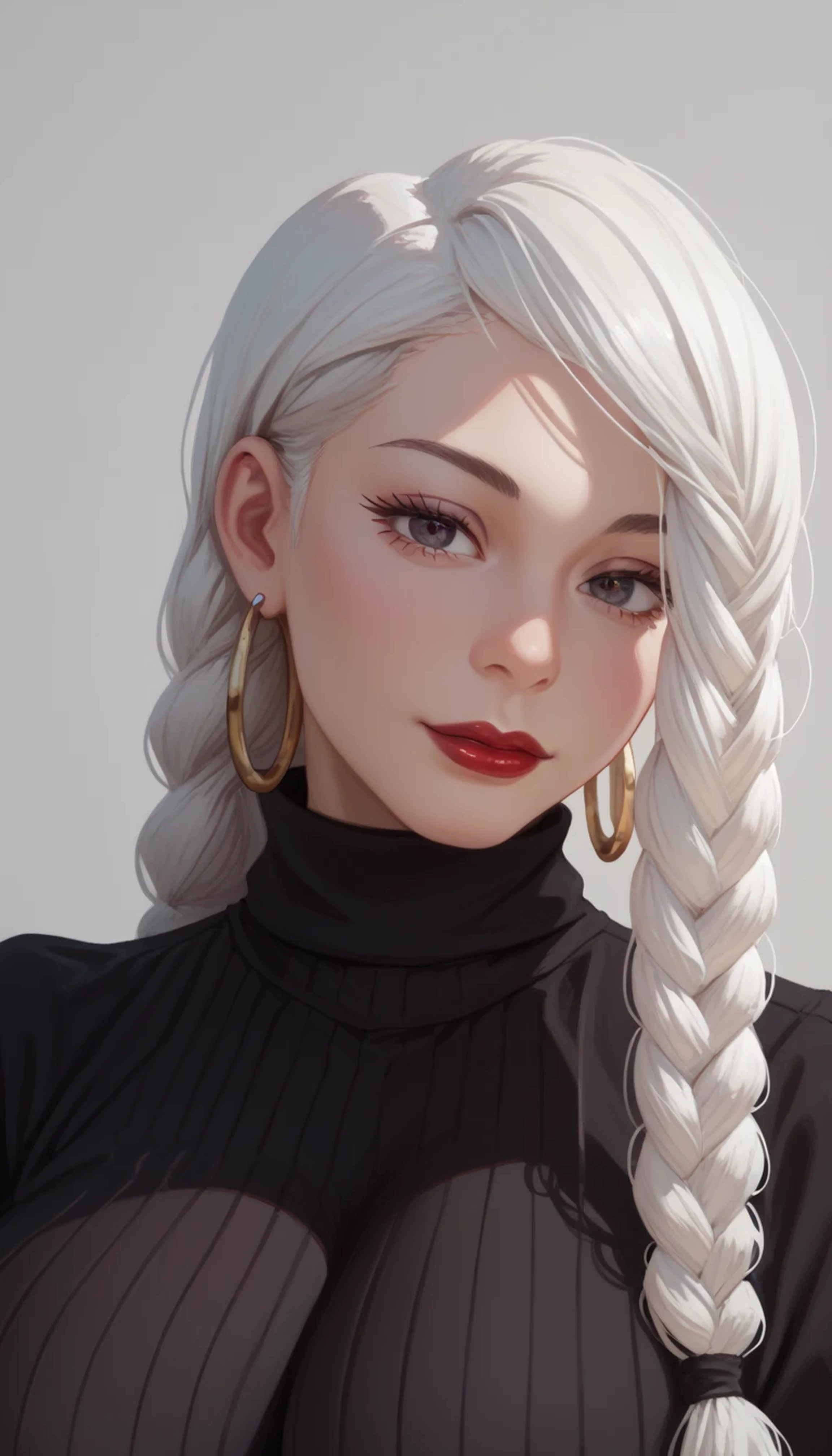 mei mei, white hair braid, exposed large breasts with big nipples, big oversized hoops earrings ,red lipstick , detailed eyes , huge breasts, black turtleneck shirt with boob window, big cleavage, sexy adult body