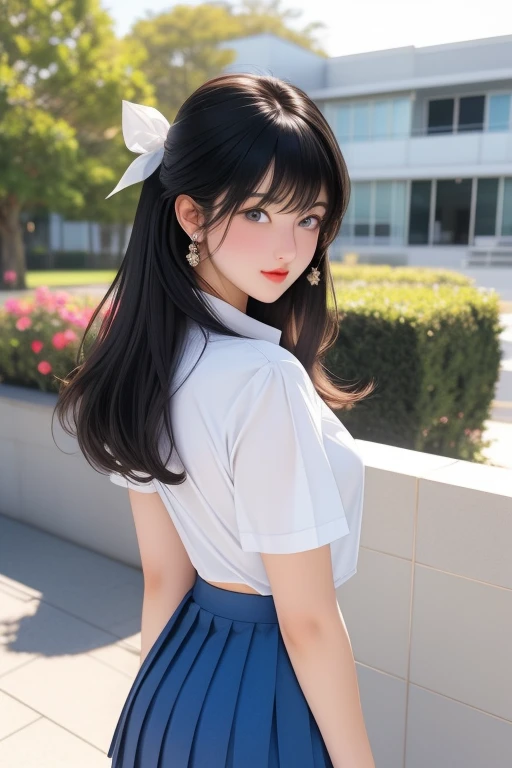 1girl 15years old,anime girl, bangs,standing,cowboy shot,dynamic angle BREAK (closed mouth), black hair, blue eyes,white pantie, blurry, blurry background, blush, bottomless, breasts, closed mouth,no bra, cum, dutch angle, erection, hair between eyes, hair ribbon, hetero, indoors, jewelry, long hair, looking at viewer,student uniform, White button up shirt,( Deep Blue pleated skirt), black belt,(Modern architecture in background), mature female, /(black hair/) bangs, (masterpiece best quality:1.2) delicate illustration ultra-detailed, small breasts , outdoors, detailed back ground,white pantie,((pantie line)),standing,turn back,full body,side view,bent butt,sexy,out door,sun shine,