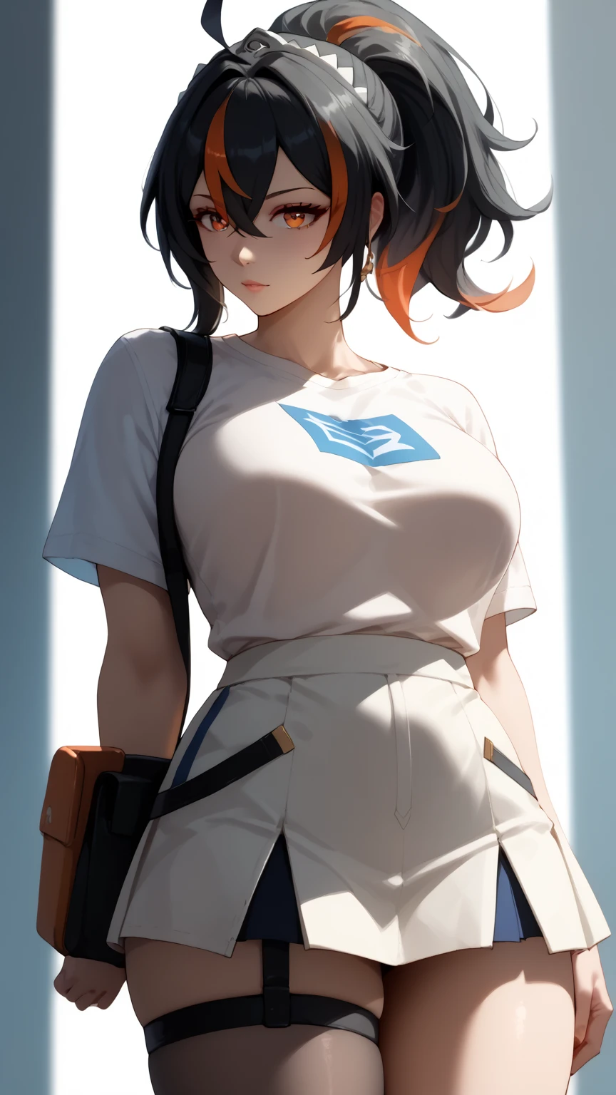 ((best quality)), masterpiece,A full-body depiction of Zhu Yuan from Zenless Zone Zero, with ponytail hair featuring black hair, STREAKED HAIR AT THE MIDDLE HAIR. She possesses a perfect body with notably large breasts, standing upright and making direct eye contact with the viewer. Zhu Yuan is dressed in an orange slim-fit t-shirt and a skirt, with her arms elegantly positioned behind her back, showcasing long, enticing legs.