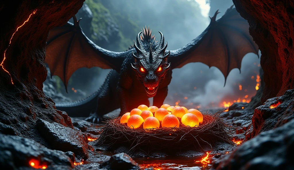 ((masterpiece)) ((photography)) ((Highest quality)) A realistic, cinematic depiction of a fire dragon with piercing red eyes and an aura of darkness. The dragon is hidden deep within a sinister volcanic cave, its scales glowing faintly with fiery hues. It guards its nest, which contains 10 glowing eggs made of fire and lava, surrounded by cracks oozing lava. The atmosphere is intense and ominous, with molten rocks, volcanic smoke, and glowing lava rivers illuminating the dark cave. The dragon's powerful presence dominates the scene, with a menacing and protective posture.