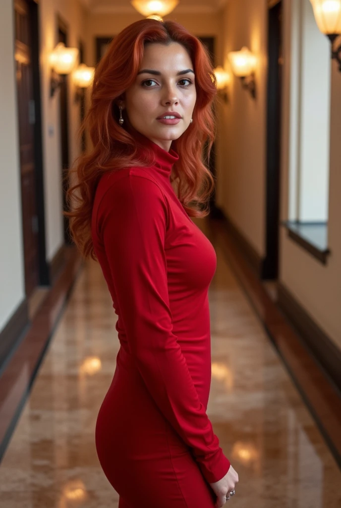  A 25-year-old woman with red hair ,  white pele,  brown eyes ,  full body photo in the corridor of a hotel wearing a long, red dress tight to the body ,  beautiful and detailed eyes ,  beautiful and detailed lips,  extremely detailed eyes and face ,  long lashes,  high quality , 8k,  hyperrealistic poses,  photorealistic ,  physically based rendering , vivid colors,  studio lighting , Intricate details