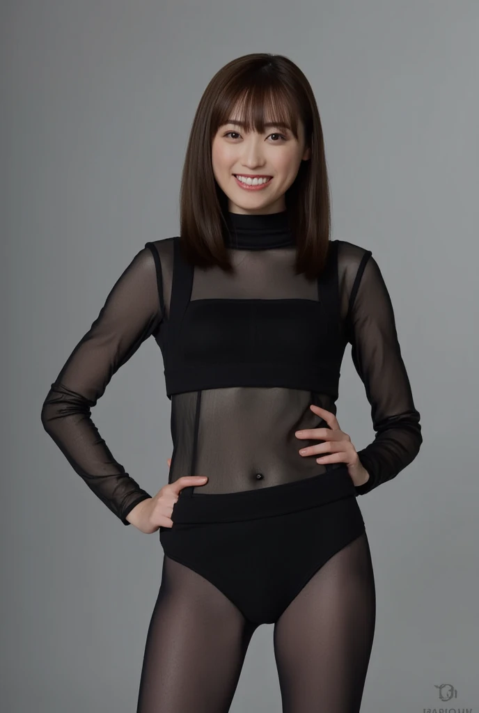 8k, RAW Photo, Best Quality, Masterpiece:1.2),(Realistic, photo-realistic:1.37), Super Detail, Wearing black pantyhose,She is wearing tight thin fitting transparent black long sleeve turtleneck, no skirts, transparent, cinematic lighting, sexy pose, monotone background, facing front, smiling, standing , dressed up to the belly button, dressed up to the neck
