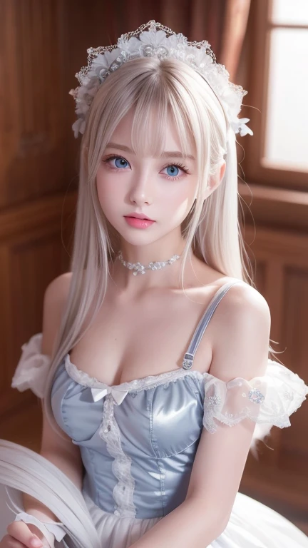 8k, best quality,The real picture, intricate details ,超A high resolution, depth field ,Masseter muscle area, natural soft light for a little smile, professional lighting,One -facel,(cute:1.2),( gothic lolita fashion),Bright expression, young shiny shiny white shiny skin,The best beauty, the ultimate beautiful girl, World's Most Beautiful Platinum Blonde Hair , shiny bright hair ,Long silky hair,Shiny, beautiful bangs,Sparkling, clear, attractive, incredibly bright light blue eyes、Very big eyes,とても美しい素敵なcute1童顔の女の子、 hair that flutters like、 off shoulder、Small Face Beauty、round face