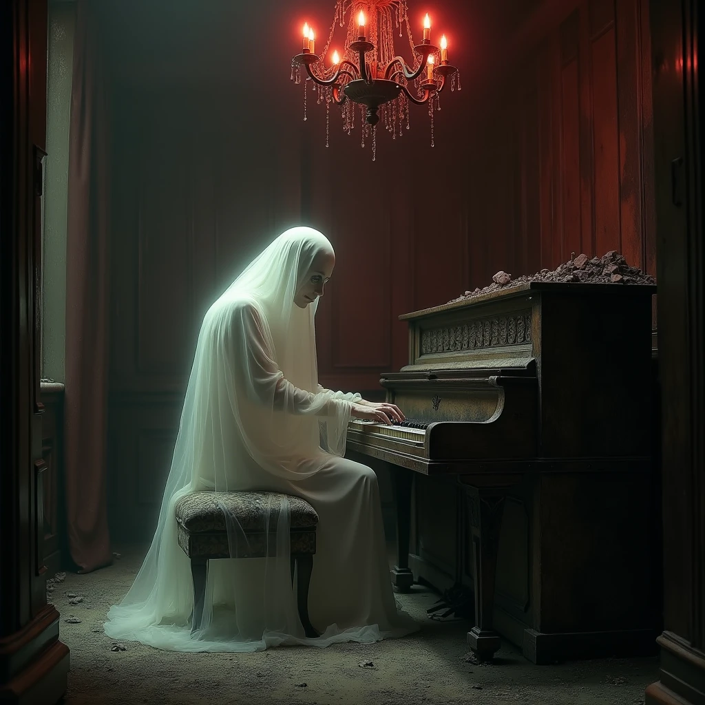 Create an image of a ghostly man with a dark, somber expression, surrounded by a translucent glow. He is playing a grand piano in the dark ballroom of a hotel. The ballroom is dimly lit, with flickering lights casting eerie shadows on the walls. The man appears ethereal, with a spectral, haunting presence. The background includes ornate, decaying decorations and an old, worn floor, enhancing the creepy, unsettling atmosphere reminiscent of a classic horror movie