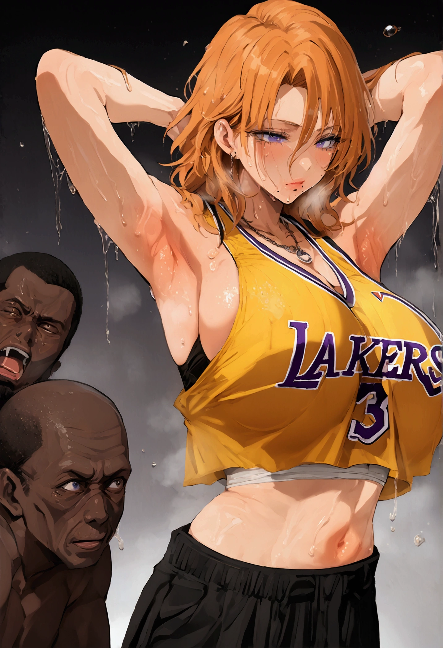 Rangiku, short hair, orange hair, blue eyes, hair between eyes, mole under the mouth, necklace, wearing a yellow NBA jersey, yellow Croptop NBA jersey, wearing a low cut crop top, wearing a crop top, crop top, the words "Lakers" written on the crop top, golden ratio, (winking), shirobako, large)}], favorite scene, fine details. Anime. Skins, sweating, big breasts, both hands raised, armpits, armpits visible, dripping with sweat, more sweat, sweaty armpits, massive breasts, toned exposed navel, surrounded by African basketball players