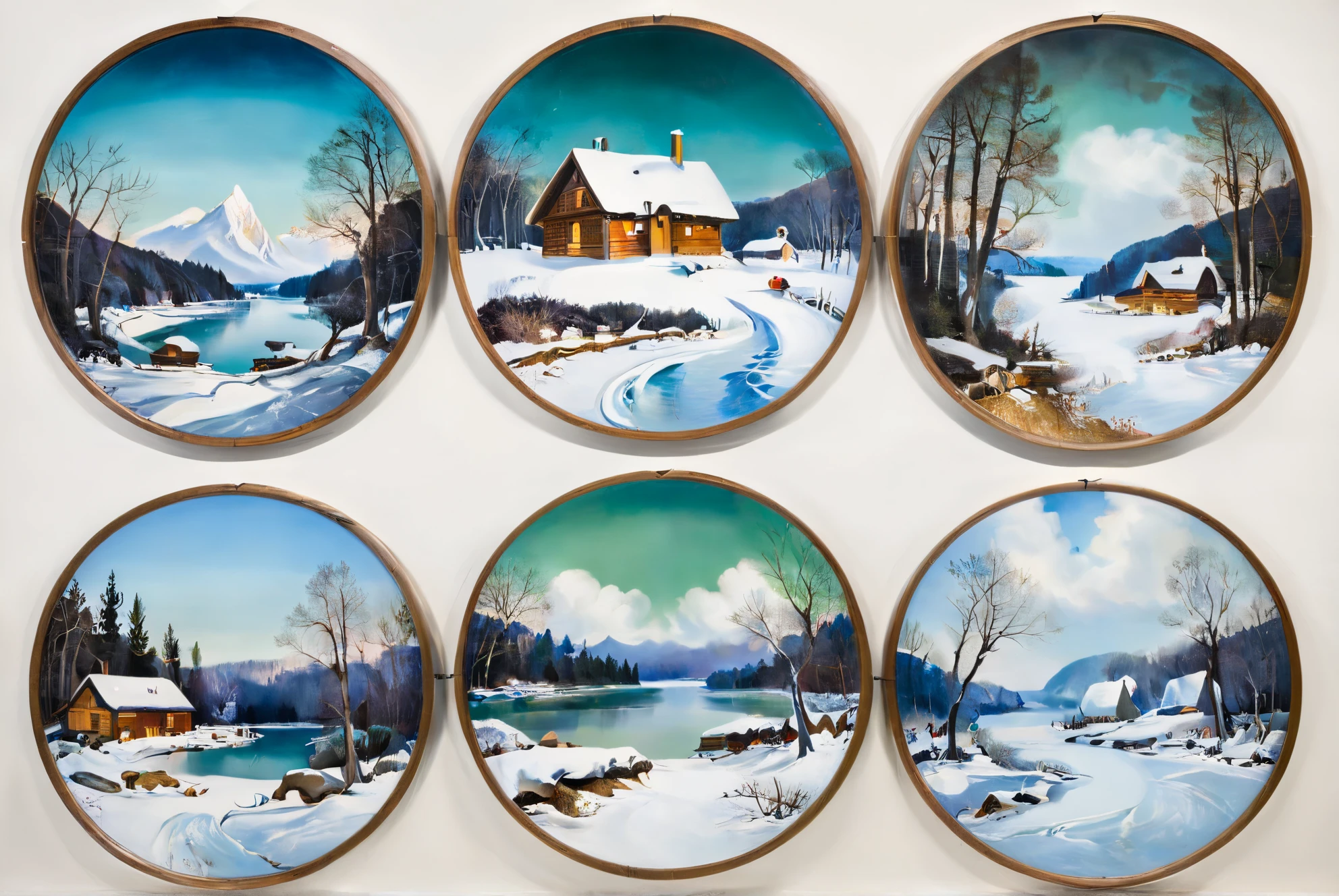 Six circular landscape paintings depicting winter scenes , including snowy cabins , forests , and frozen lakes