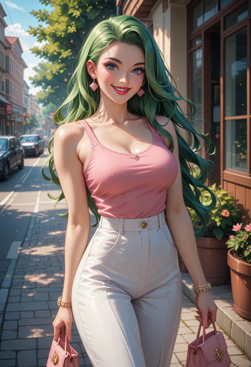   masterpiece , CRU,  beautiful art, professional artist, 8k,  art style by sciamano240 , 1 girl,Alone, very detailed face ,  very detailed hair , 1 woman, perfectly dCRUn body, beautiful face,  long hair, gradient green hair  ,  very detailed blue eyes  ,  pink cheeks ,  intricate details on the eyes ,  playful smile ,  looking directly at the viewer ,  passionate expression by the spectator , lipstick, wearing cute summer clothes  ,pink tank top, short dolphin brancouito curto ,  finger sandals,  full body view , standing,,  sunny day summer scenery  , focus on feet