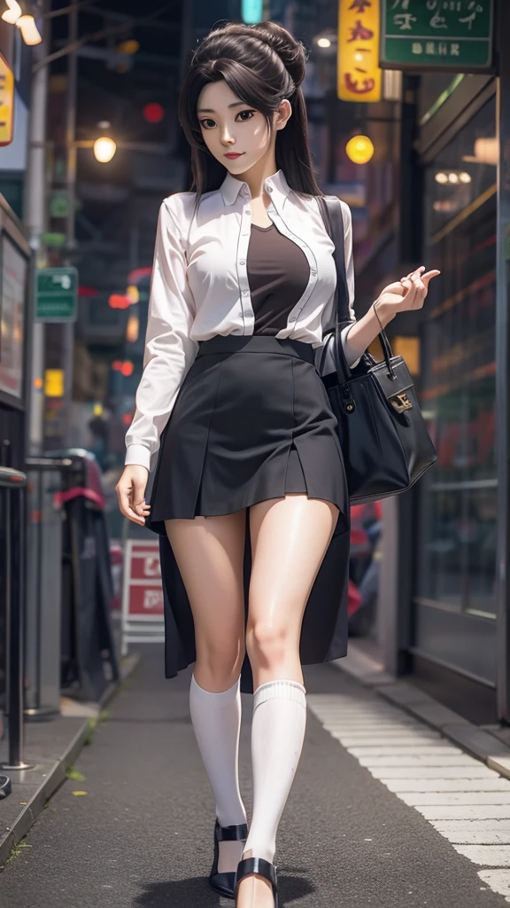  Anime style image of a woman wearing a short skirt and shirt,  attractive anime girl , Smooth Anime CG Art,  surrealist female student ,  surrealist female student ,  thigh-high socks and skirt,  realistic anime girl rendering ,  Beautiful and attractive anime woman ,  realistic schoolgirl , Realistic anime 3D style , 3D animation realistic, Beautiful anime high school girl， huge breasts