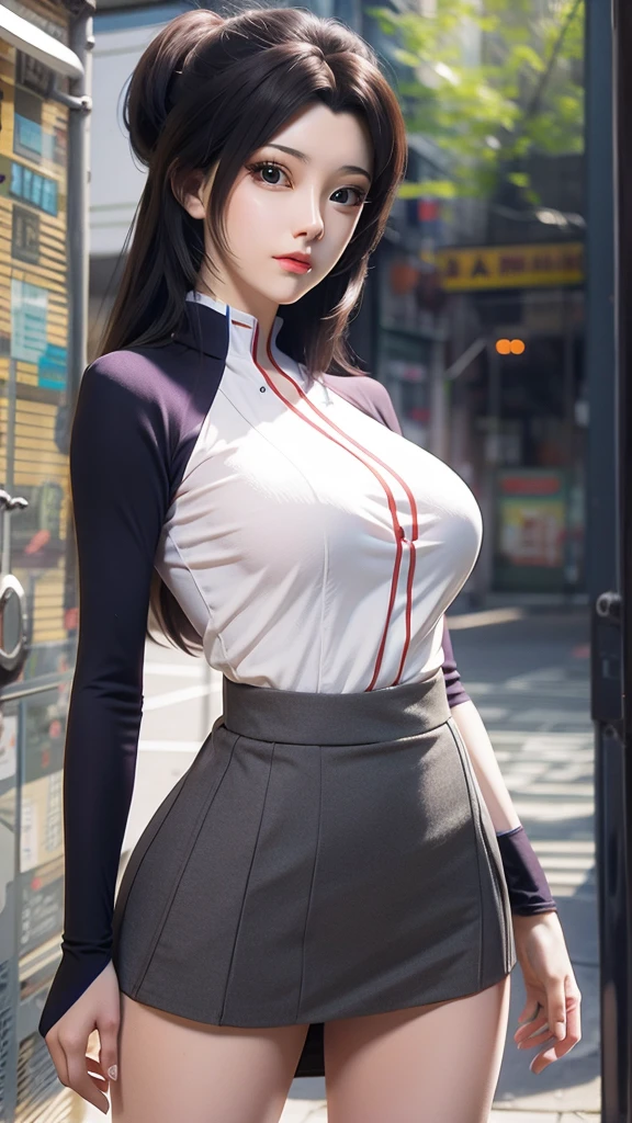  Anime style image of a woman wearing a short skirt and shirt,  attractive anime girl , Smooth Anime CG Art,  surrealist female student ,  surrealist female student ,  thigh-high socks and skirt,  realistic anime girl rendering ,  Beautiful and attractive anime woman ,  realistic schoolgirl , Realistic anime 3D style , 3D animation realistic, Beautiful anime high school girl， huge breasts