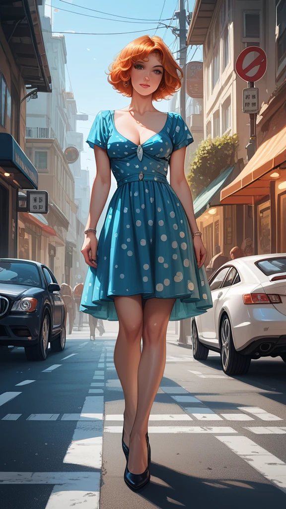 superior quality, many details, detailed face, realistic, 50 years old woman with short ginger fluffy hair, she is dressed in polka dress with long cleavage, she is has very small breast and and thick body, full body view from below on a street with traffic light