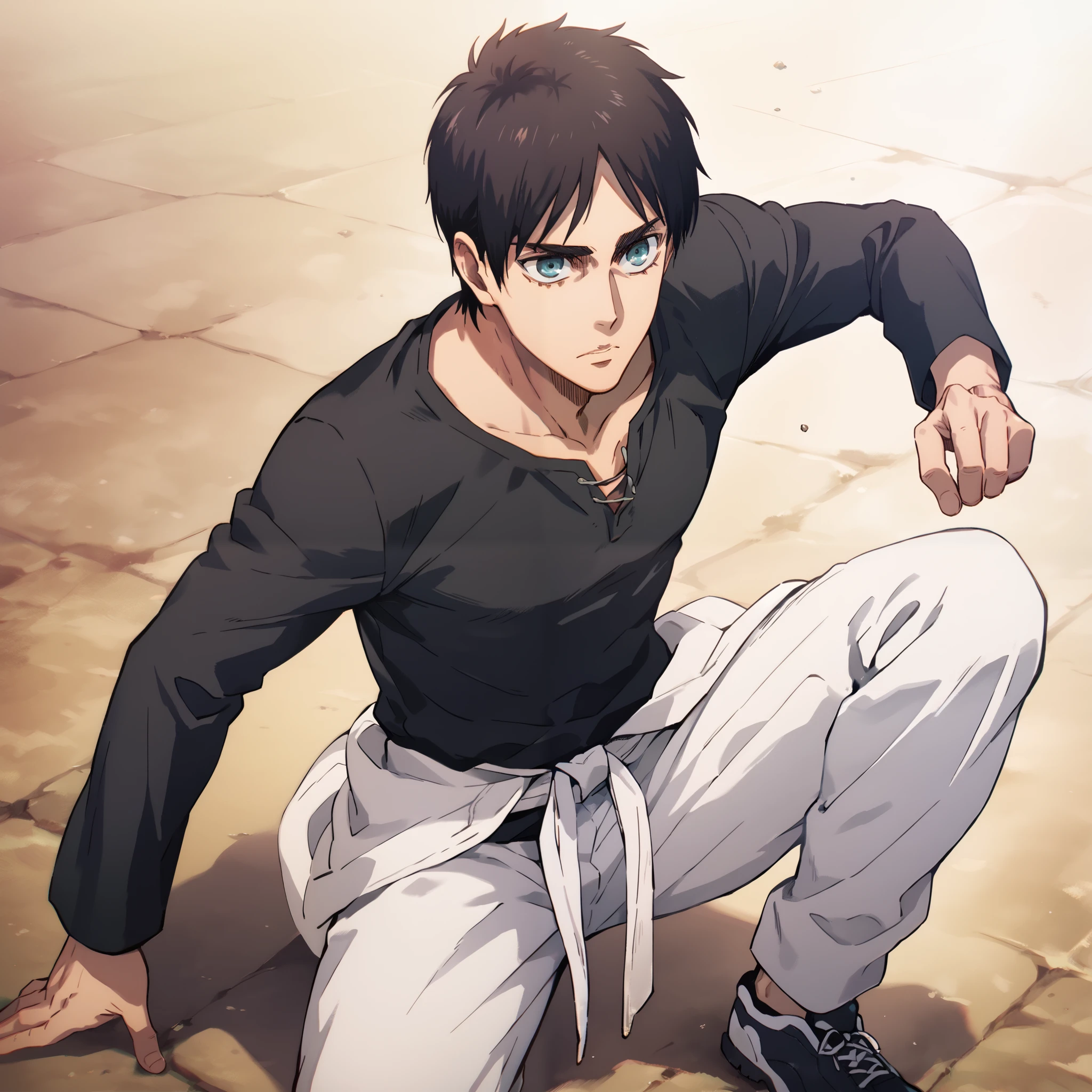 anime 2d, best quality, Eren Jaeger adult, man, best Definicion, cuerpo musculoso, a tight long sleeve black shirt ,  loose fitting white martial arts pants ,  a black girdle around the waist, tai chi sneakers on the feet, High resolution,  masterpiece, Anatomically correct, Details altos,Mirando al espectador, Preciso, UHD