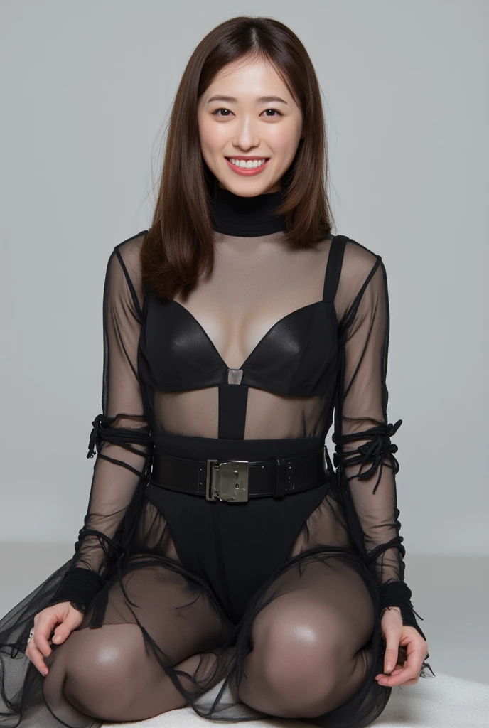 8k, RAW Photo, Best Quality, Masterpiece:1.2),(Realistic, photo-realistic:1.37), Super Detail, Wearing black pantyhose,She is wearing tight thin fitting transparent black long sleeve turtleneck, no skirts, transparent, cinematic lighting, sexy pose, monotone background, facing front, smiling, portrait, dressed up to the belly button, dressed up to the neck
