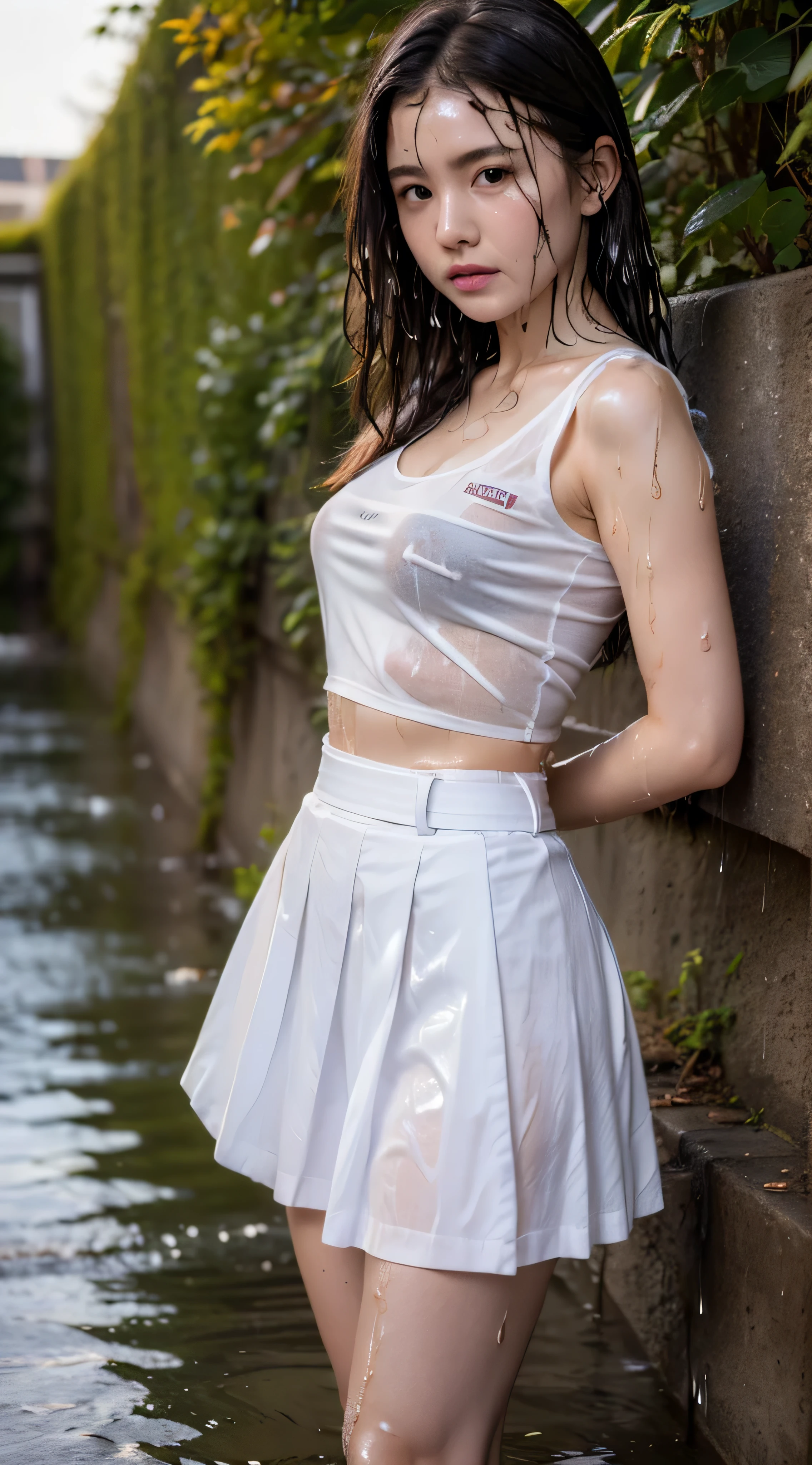 (Highest quality, masterpiece, 8K, photographic, Fine, Realstic:1.4), 1 pretty young girl, (wet clothes:1.4), (wet and transparent white nylon skirt:1.3), (wet and transparent white tank top:1.2), belt, soak, long hair girl, short stature, squirt, (arms behind back), very handsome, white clothes that wet and see-through, Footage from the knee up, fall in drainage ditch
