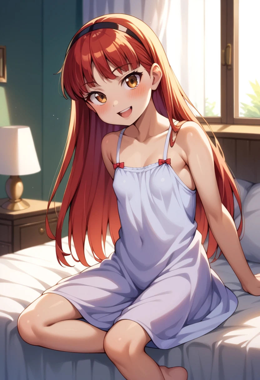 (( best quality)), ((masterpiece)), (be familiar with),  perfect face, indoor, bedroom,  viewer,
One woman,  Yukiko Aikina,
 open mouth,  ecstatic expression with hands in front of body, blush, smile,
Small breasts,  flat chested, Young girl, Lori,  kids,  girl,
 long hair,  Long Hair,
Leg spread,