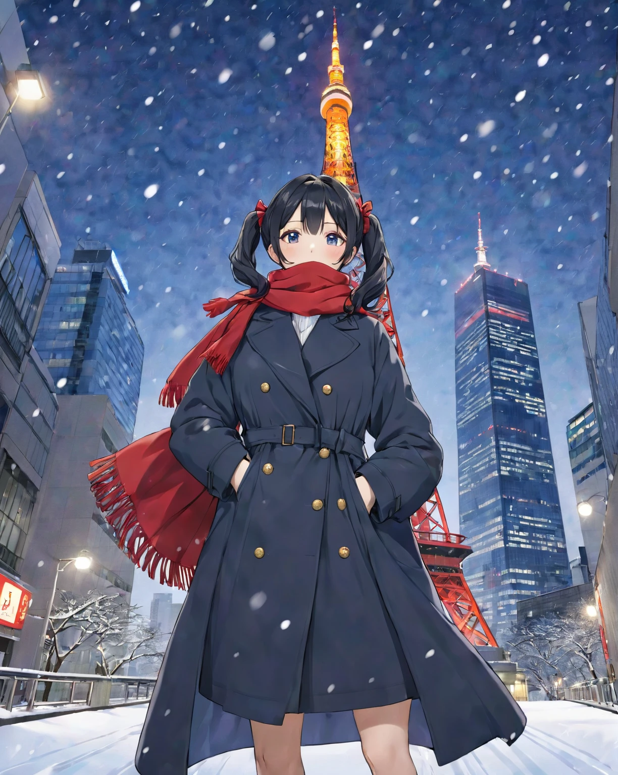 Blue long hair、 Beautiful Girl with Twin Tails 、Tokyo Tower in the snow 、 brown long coat with red scarf、