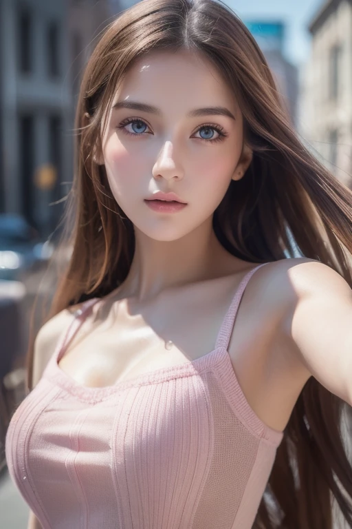8K, highest quality, masterpiece, ultra high resolution, (realism: 1.4), original photo, (realistic skin texture: 1.3), (film grain: 1.3), (selfie angle), 1 girl, pink clothes, Sapphire eyes and beautiful facial details, masterpiece, highest quality, close, Upper body