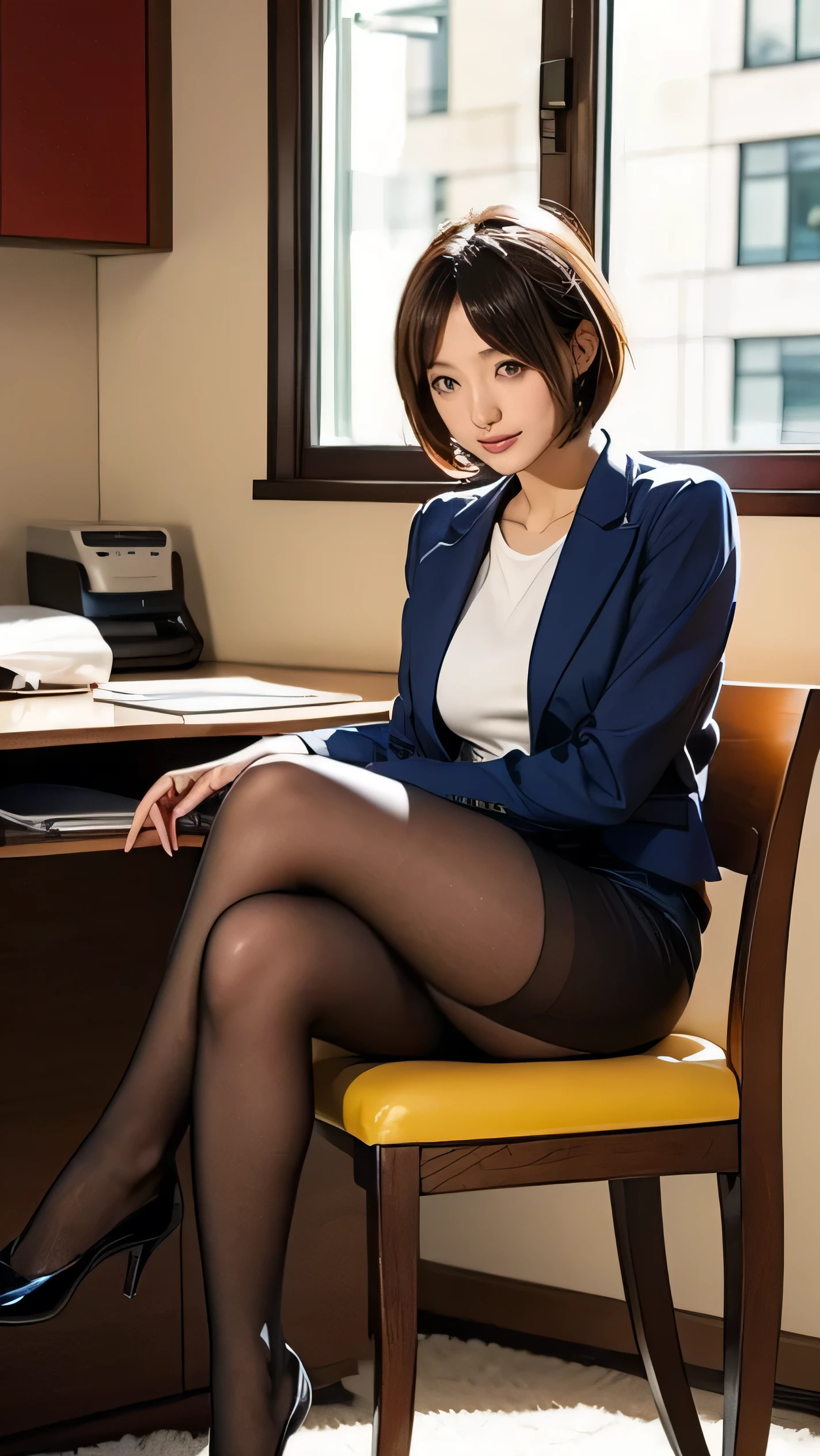 Highest quality、Ultra-high resolution、Sharp focus、The depth of the writing world、(Excellent anatomy:1.2)、(Photorealistic:1.4)、(1 Japanese Office Lady:1.3)、Black Business Closer Rack Blazer、Grey tight skirt、High heels、Narrow Face、Thin thighs、Physically slim、short hair、((View your viewers))、 Looking into the camera、On the sofa in the conference room、((Sleep on your back))、((Spread your legs:1.4))、(Under the skirt:1.3)、(A woman rolling up her skirt)、Laughter:.0.6、(Beautiful female genitals、Emphasis on female genitalia、Woman showing off her genitals、Photos focusing on female genitalia、From below撮影)、(From below)、((Crotch close-up:1.58))、((From belowの画角:1.45))、Disheveled clothes、((Beautiful nipples、、Visible nipples))、