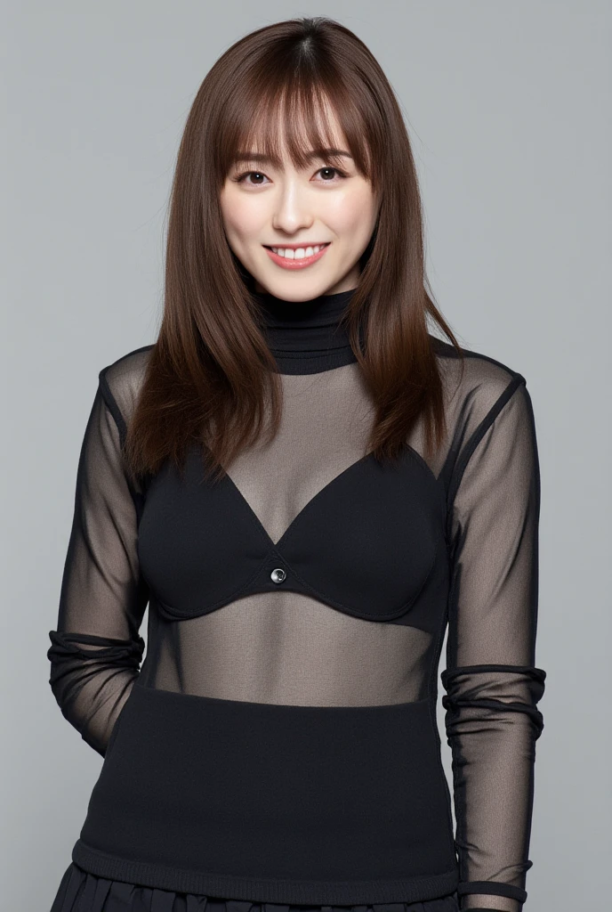 8k, RAW Photo, Best Quality, Masterpiece:1.2),(Realistic, photo-realistic:1.37), Super Detail, Wearing black pantyhose,She is wearing tight thin fitting transparent black long sleeve turtleneck, no skirts, transparent, cinematic lighting, sexy pose, monotone background, facing front, smiling, portrait, dressed up to the belly button, dressed up to the neck
