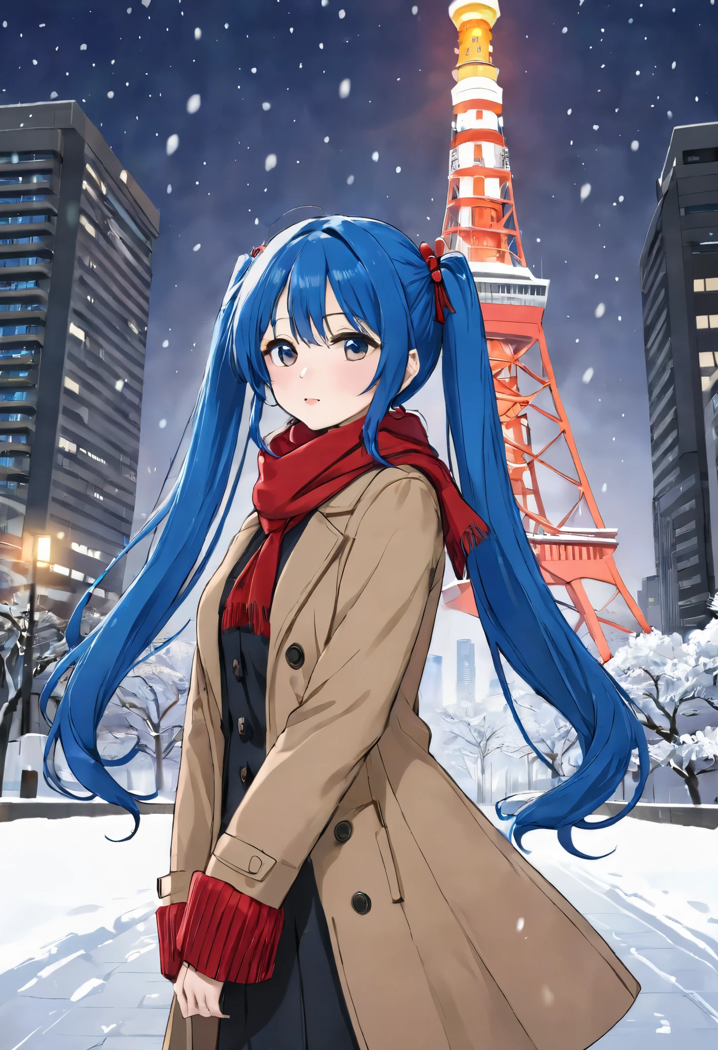 Blue long hair、 Beautiful Girl with Twin Tails 、Tokyo Tower in the snow 、 brown long coat with red scarf、