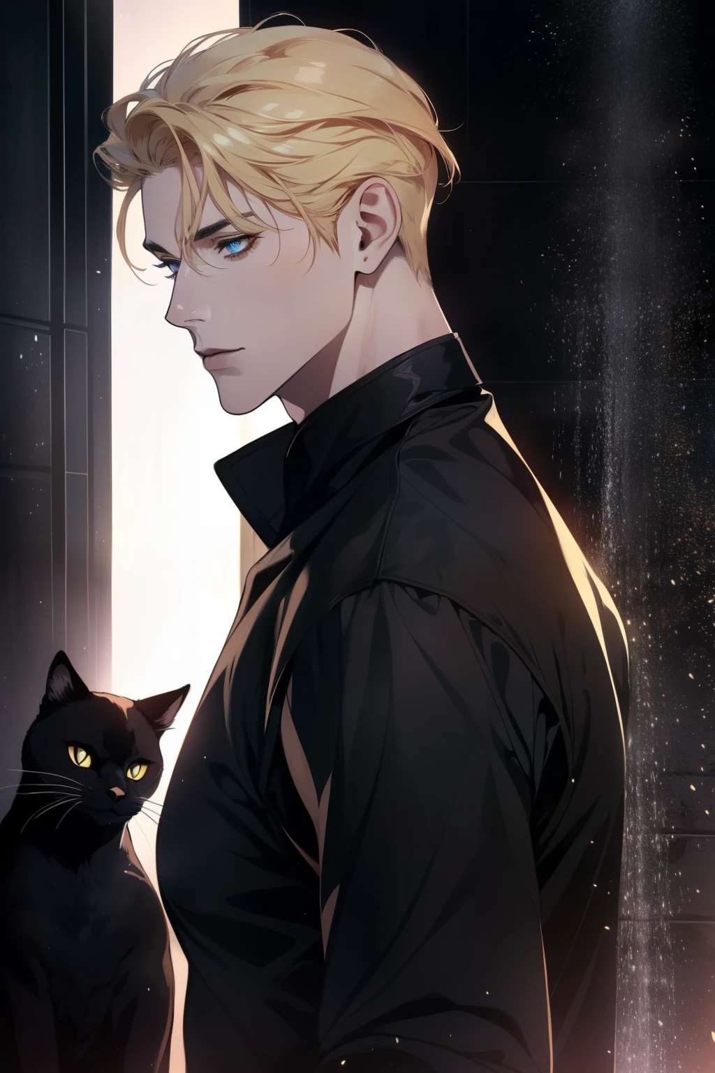 ( is very strong with the highest quality , masterpiece, 8k,  realistic,  cinematic lighting , 1:,  side view ,  ultra high definition ,  A beautiful image centered on the screen  ), mature man,  very handsome ,  short light yellow hair, Blue eyes,  perfect face , No error  , ((black shower gown, CEO)), ((black cat ))