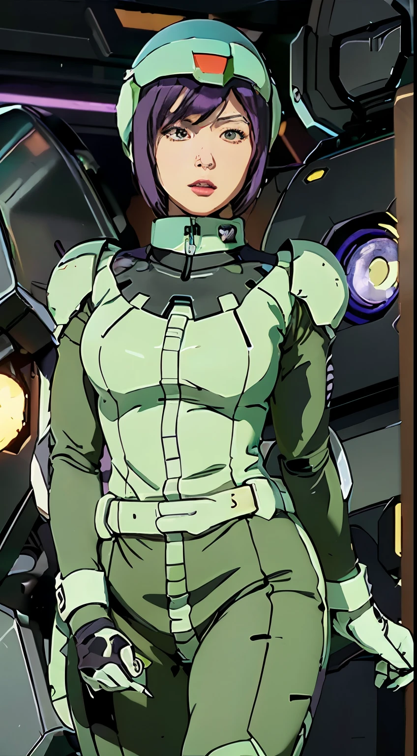 Max Image , Outstanding details, super high resolution, ( realism: 1.4), best illustration , , ONE VERY CONDENSED GIRL, , Beautiful woman wearing a black and green mecha , wearing a mecha helmet , holding a direction control device , Wearing, wearing black and purple mecha {x} background is an advanced lighting scene of a futuristic city.