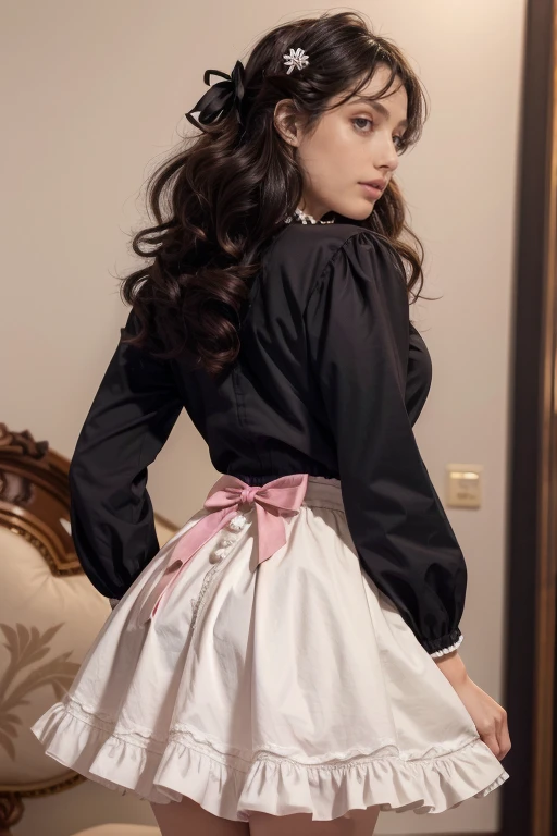 age 25, 8k (High definition), heavy make up, rosey pink cheeks, black eyeliner,long eyelashes, goth makeup, wearing a frilly white lolita dress, sissy, high petticoat skirt, bow in her hair, bow in her hair, white stockings, high heels, dressed in a school girl uniform, Caucasian skin, long brown hair, hair stylized wavy fresh out of the salon, very long curly dark brown hair, small perky breasts, view from behind, back to the camera, showing off her ass