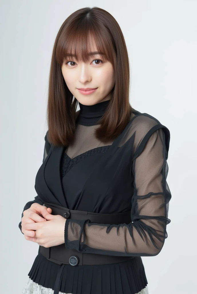 8k, RAW Photo, Best Quality, Masterpiece:1.2),(Realistic, photo-realistic:1.37), Super Detail, Wearing black pantyhose,She is wearing tight thin fitting transparent black long sleeve turtleneck, no skirts, transparent, cinematic lighting, sexy pose, monotone background, facing front, smiling, portrait, dressed up to the belly button, dressed up to the neck
