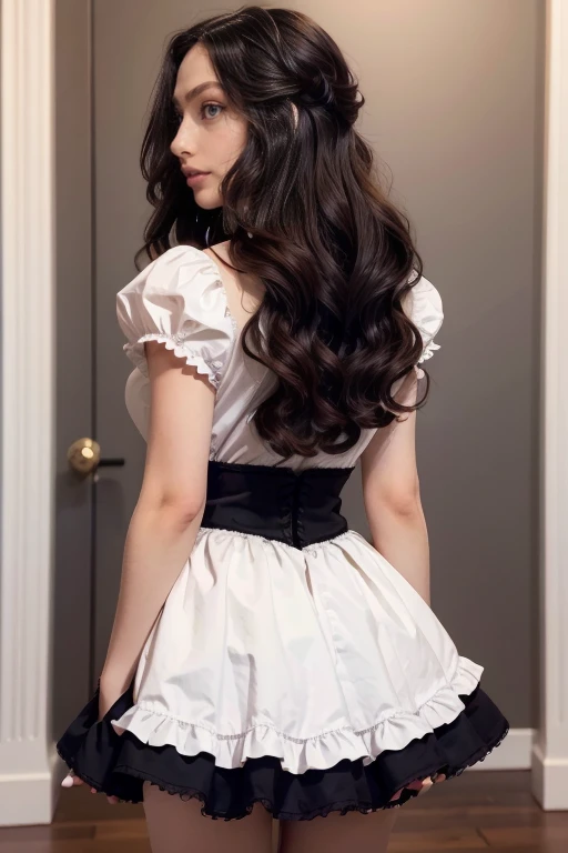 age 25, 8k (High definition), heavy make up, rosey pink cheeks, black eyeliner,long eyelashes, goth makeup, wearing a frilly white lolita dress, sissy, high petticoat skirt, bow in her hair, bow in her hair, white stockings, high heels, dressed in a school girl uniform, Caucasian skin, long brown hair, hair stylized wavy fresh out of the salon, very long curly dark brown hair, small perky breasts, view from behind, back to the camera, showing off her ass, lifting up her skirt