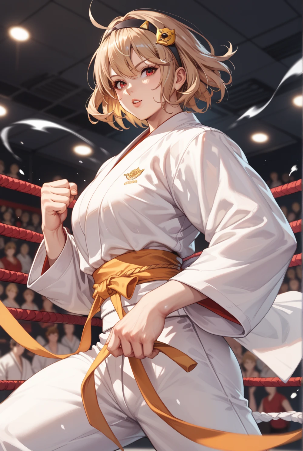 pov, fisheye, face close-up face, straddling, spread legs, spread arms, arms forward, leaning forward, looking at viewer, ((vaginal,sex)),cum in pussy,(she wears Japanese kunoichi costume),smirk, wrestling ring, granblu fantasy,