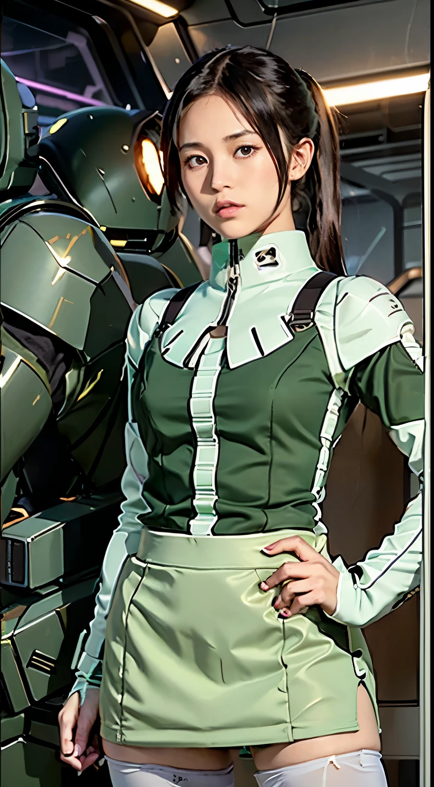   Max Image , Outstanding details,   super high resolution, ( realism: 1.4),  best illustration , ,  ONE VERY CONDENSED GIRL,  Zeon's normal suit 、 Mini Skirt、 Mini Skirtノーマルスーツ、 ponytail、Yuriko Yoshitaka、18 years old、, Beautiful woman wearing a black and green mecha ,  wearing a mecha helmet ,  holding a direction control device ,  Wearing,  wearing black and purple mecha {x} background is an advanced lighting scene of a futuristic city.
