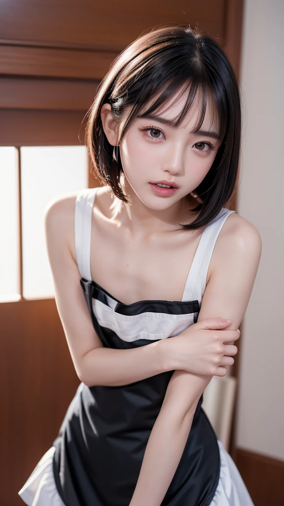 short hair, Short hair with bangs, Anorexic woman with a pretty face,Cute little face, French Bob, White skin, Short brown hair and big eyes, Full body portrait shot 8k, Beautiful light、Big eyes, Beautiful woman, Young woman with bob cut, Full Shot,Best image quality,