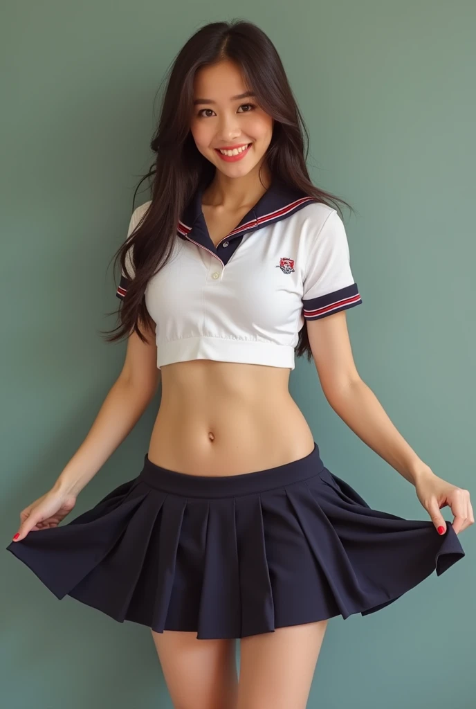 Beautiful Japanese ager, tight short sleeve top, large breasts, long hair, short skater skirt, masterpiece, full body, eyes closed, laying down on back,