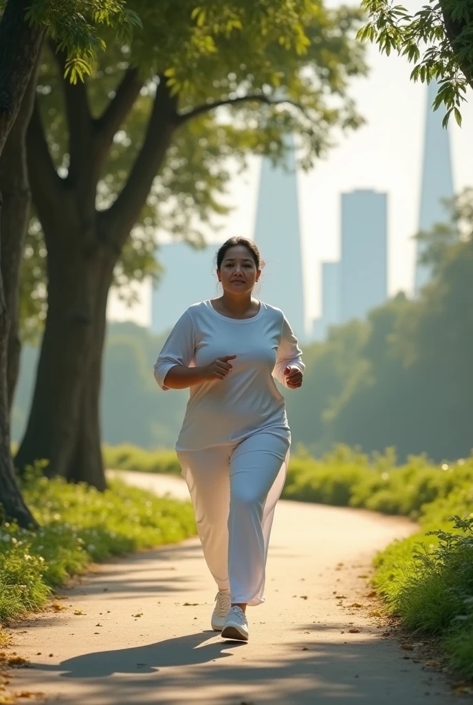 plump Korean girl, wearing a hijab, tight, very big and plump breasts, big breasts, fat body, big thighs, wearing white yoga clothes, very beautiful face, 27 year old woman, running in the park, smiling sweetly, sweating.