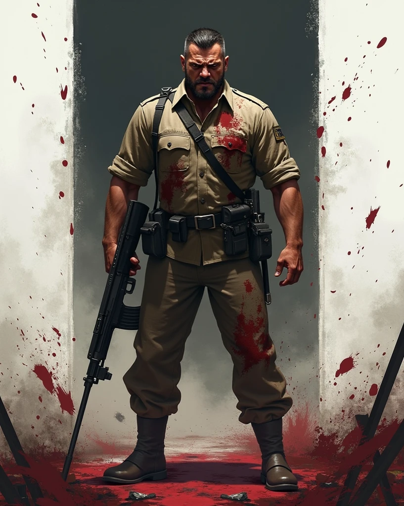 A man with a flat face expression far away with a blank stare looking at the camera, holding a pistol in his left hand, he is dripping with blood from several wounds, strong stance, Link with bloody eyes, happy but angry face sliding off scene to the right, a blood moon in the top left falling down to the earth, twilight princess, legend of zelda, insanly high detail, ultra high quality, real life realistic, ultra realistic, masterpiece, 8K, ray tracing, bloody eyes, red eyes, holding black sword, evil happy face, insanly high detail, ultra high quality, real life realistic, ultra realistic, masterpiece, 8K, ray tracing, face-highly detailed