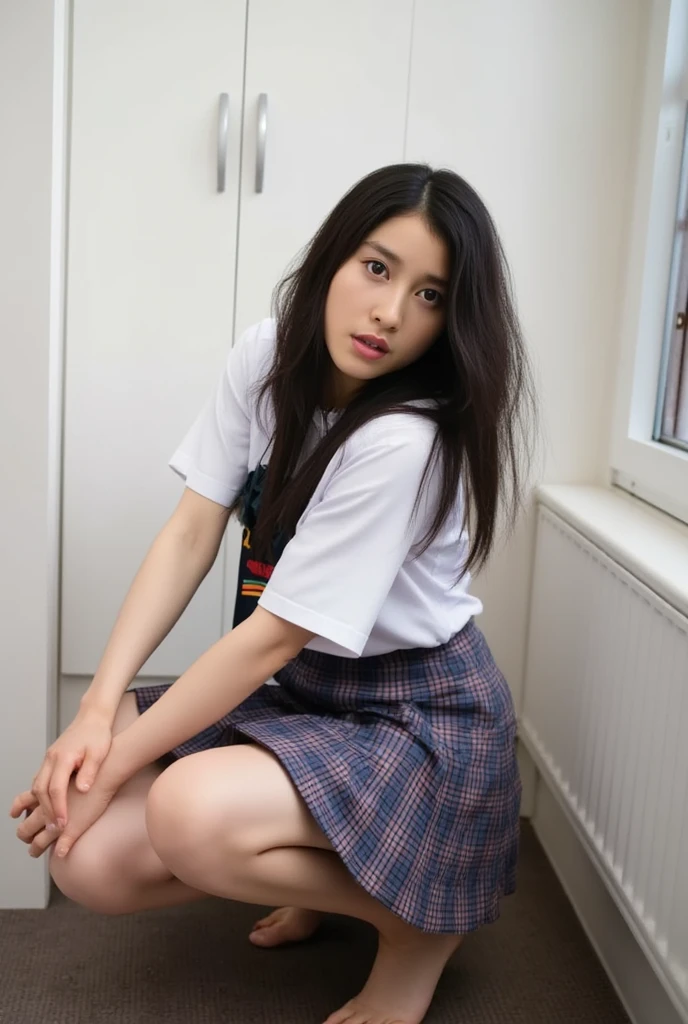 Alone、 Natural figure 、 white skin、  natural makeup、 black hair、bangs、 long straight hair、、(expensive  、barefoot、 white blouse、 blue plaid pleated skirt)、、( legs:1.3)、((The upper body is wearing a uniform))、((((( camera)))))、(((whole body)))、((( thigh)))、bedroom、 on the bed、 sitting、(( focuses on her crotch ))
