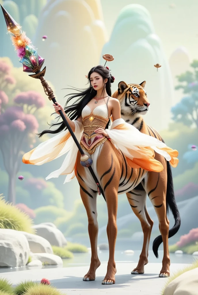 1Centaur Girl,老Tiger元素，Tiger， Imagine a dreamlike landscape filled with countless colors,Soft. In this peaceful scene, An Asian, With long flowing hair, Sitting in a huge, Ancient Trees. They are deeply involved in the act of a crystal diary. Various radiant, Beautifully detailed healing crystals in various shades,Rose Quartz, amethyst, The citrine crystals are arranged in a circular pattern around them. The person who was, Wear light, Flowing clothes, Have an ancient, Leather cover journal,In it they record their observations, idea, and feelings. The vivid and soothing energy of the crystal blends with the person&#39;s aura, Creates a mysterious synergy. Magical creatures like glowing fairies and flying fire float gently in this sacred space.