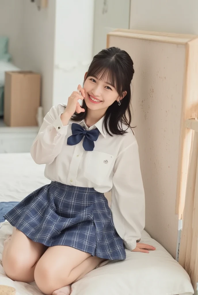 Alone、 Natural figure 、 white skin、  natural makeup、 black hair、bangs、 long straight hair、、(expensive  、barefoot、 white blouse、 blue plaid pleated skirt)、、( legs:1.3)、((The upper body is wearing a uniform))、((((( camera)))))、(((whole body)))、((( thigh)))、bedroom、 on the bed、 sitting、(( focuses on her crotch ))
