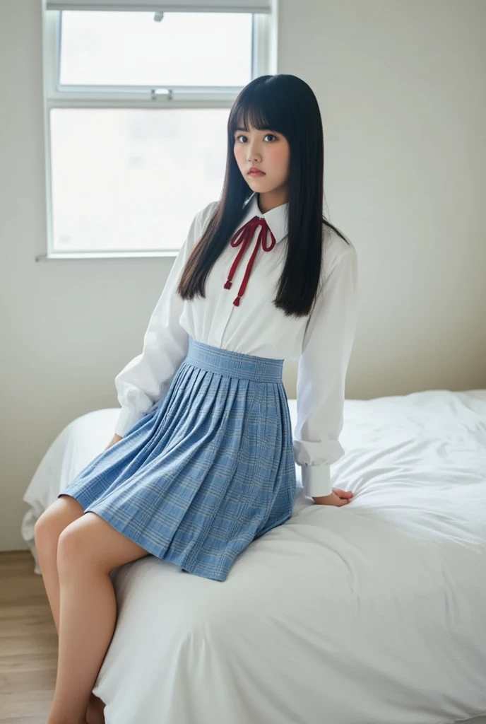 Alone、 Natural figure 、 white skin、  natural makeup、 black hair、bangs、 long straight hair、、(expensive  、barefoot、 white blouse、 blue plaid pleated skirt)、、( legs:1.3)、((The upper body is wearing a uniform))、((((( camera)))))、(((whole body)))、((( thigh)))、bedroom、 on the bed、 sitting、(( focuses on her crotch ))
