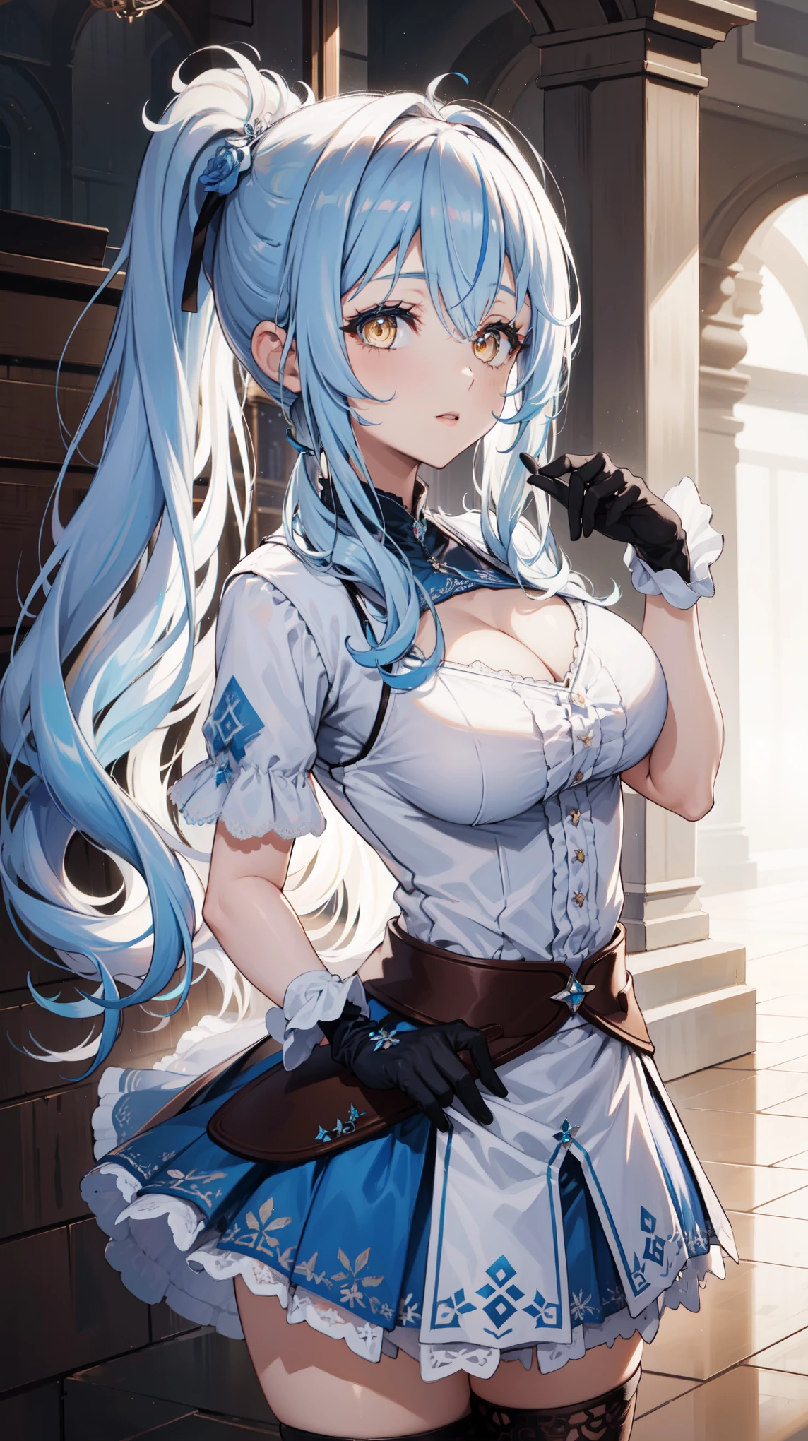 (     1 girl ),   cute young girl,   Blue Hair , (  long hair with double ponytail), sweater ，Tights，  ****Wear a skirt, Black Rose, jewelry costume ,  Black Lace-Up Booties   , ( cowboy shooting  ),   cute, 8K, (   Gillay Fashion     ), ((masterpiece)), ((     best quality )), (       super detailed    :1.2), (    HD:1.3), (   Professional Photography   :1.4), ( Key Points ), Perfect Light  , (  ), ,    Eyeliner，  Unleash Magic  ，Royal Princess，Princess decoration ，Lace gloves，Lace skirt， Luxury clothing  ，palace，  dancing