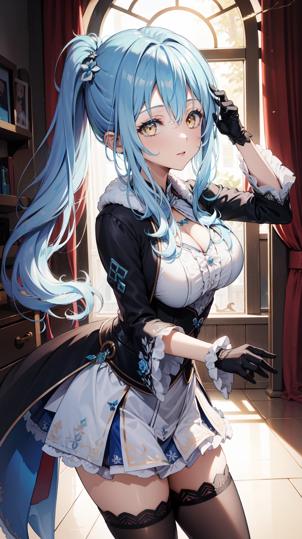 (     1 girl ),   cute young girl,   Blue Hair , (  long hair with double ponytail), sweater ，Tights，  ****Wear a skirt, Black Rose, jewelry costume ,  Black Lace-Up Booties   , ( cowboy shooting  ),   cute, 8K, (   Gillay Fashion     ), ((masterpiece)), ((     best quality )), (       super detailed    :1.2), (    HD:1.3), (   Professional Photography   :1.4), ( Key Points ), Perfect Light  , (  ), ,    Eyeliner，  Unleash Magic  ，Royal Princess，Princess decoration ，Lace gloves，Lace skirt， Luxury clothing  ，palace，  dancing