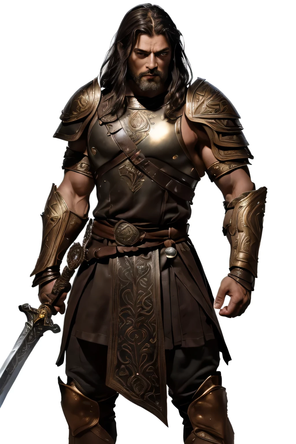 masterpiece, High quality, Best quality, Beautiful, HD, Realistic, perfect lighting, Detailed face, detailed body, 1 person, One, Black hair, green eyes, long black beard, brown and worn leather clothing Gladiator style: 1.4), Leather Bib, 1 wooden spear in hand, Background of Military Battles, Gladiator style, muscular men, Strong, evil look,