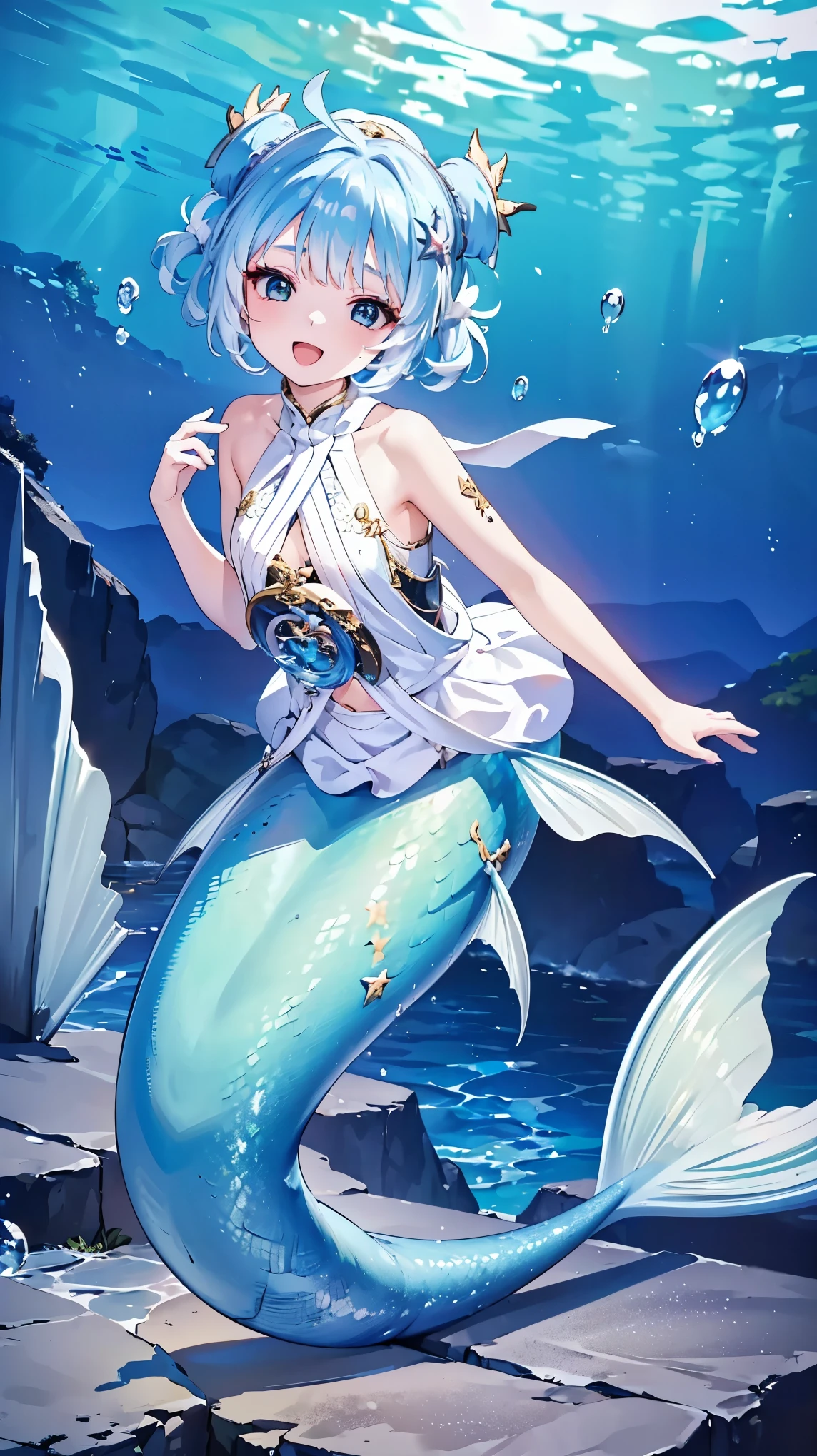 (masterpiece, best quality ),(Full five fingers), a girl ,Hair accessories, alone ,Mermaid,天蓝色的Mermaid尾巴,Full body photo, night view,Smile,(Underwater:1.2),charming face(Kawaii, charming,Soft),Open your mouth,Sing