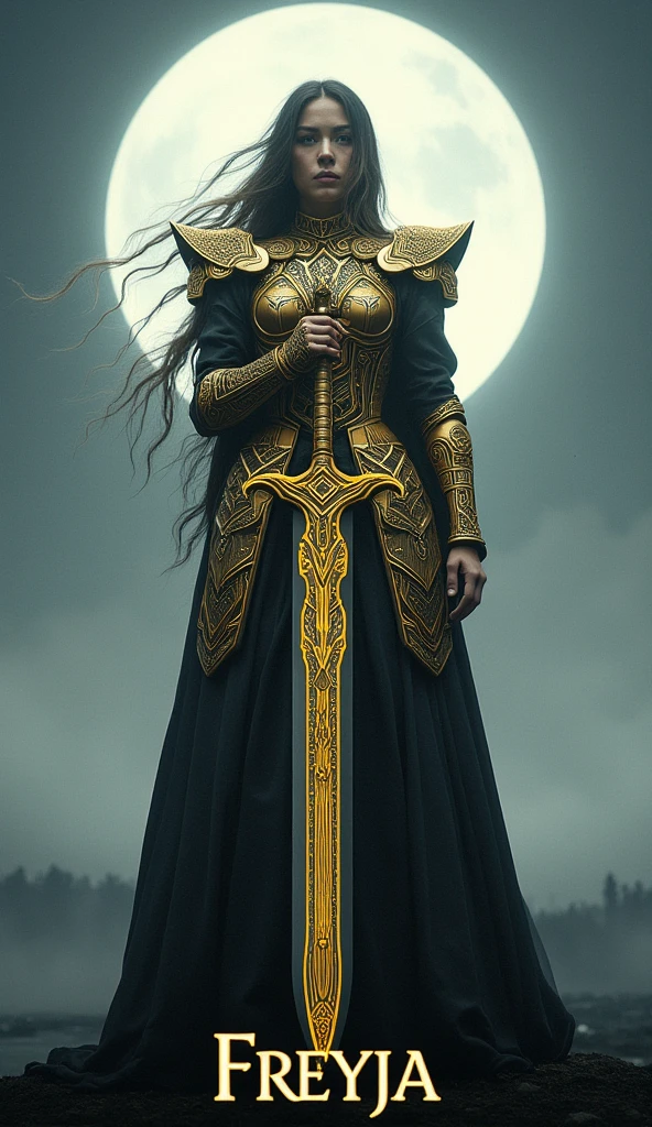 ((masterpiece)) ((photography)) ((Highest quality)) A majestic Valkyrie wearing golden armor with intricate Nordic patterns. She wields a glowing sword, standing proudly on a misty battlefield under a silver moonlight. Her name, "Freyja," is displayed in an elegant golden font at the bottom of the image, matching her divine aura.