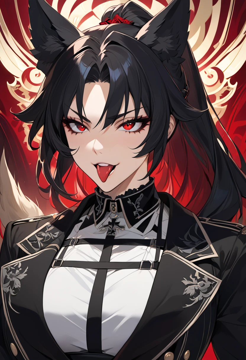 beautiful anime woman wearing a black military trench coat, tight black jeans pants, wolf ears, wolf tail, half wolf and half human, red eye color, black hair in a ponytail, light novel art, detailed anime art, anime, regal, royal, sexy, thicc, beautiful feminine facial features, flirtatious, sultry, slutty, petite, sharp canines, aheago, villain, all black clothing, high quality, very detailed anime art, feminine, slender face, military general vibes, pretty girl, good lighting, close up shot of face, red highlights, lewd smile, cute, naughty wolf girl, cross eyed sticking her tongue out like a slut, stupid and silly lewd expression 