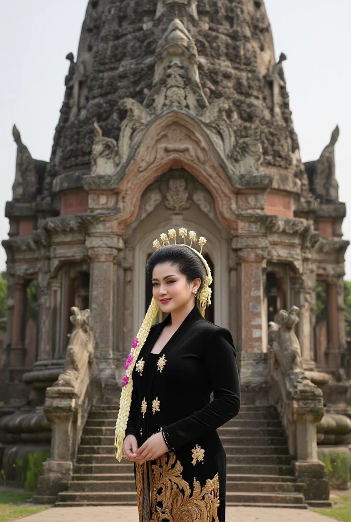 beautiful indonesian woman, standing in front of temple. Look at the viewer