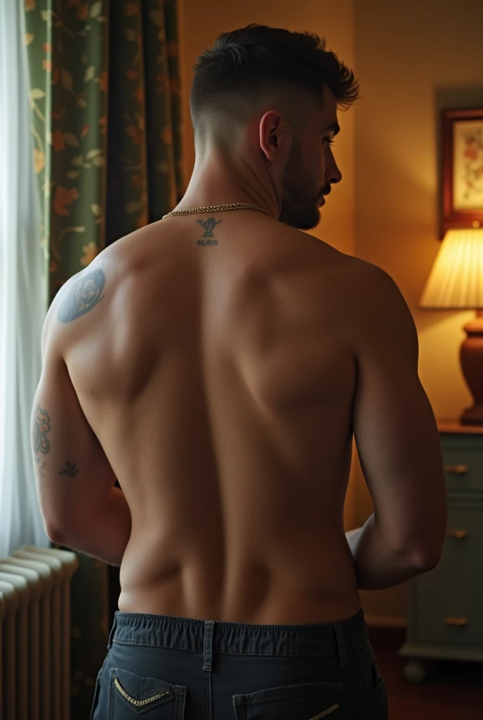 hipster man, naked, posing in the garden, view from the side