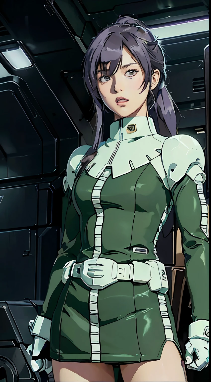  Max Image , Outstanding details,   super high resolution, ( realism: 1.4),  best illustration , ,  ONE VERY CONDENSED GIRL,  Zeon's normal suit 、 Mini Skirt、 Mini Skirtノーマルスーツ、 ponytail、Yuriko Yoshitaka、18 years old、, Beautiful woman wearing a black and green mecha ,  wearing a mecha helmet ,  holding a direction control device ,  Wearing,  wearing black and purple mecha {x} background is an advanced lighting scene of a futuristic city.