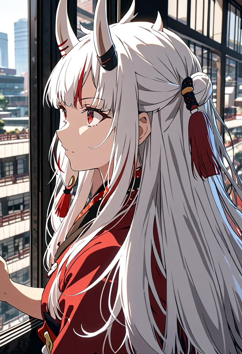 8K Ultra High-Quality, ultra-detailed, High quality, Nakiri ayame, white oni horns, long hair, close up, full body, looking out the window, touching the glass, side view