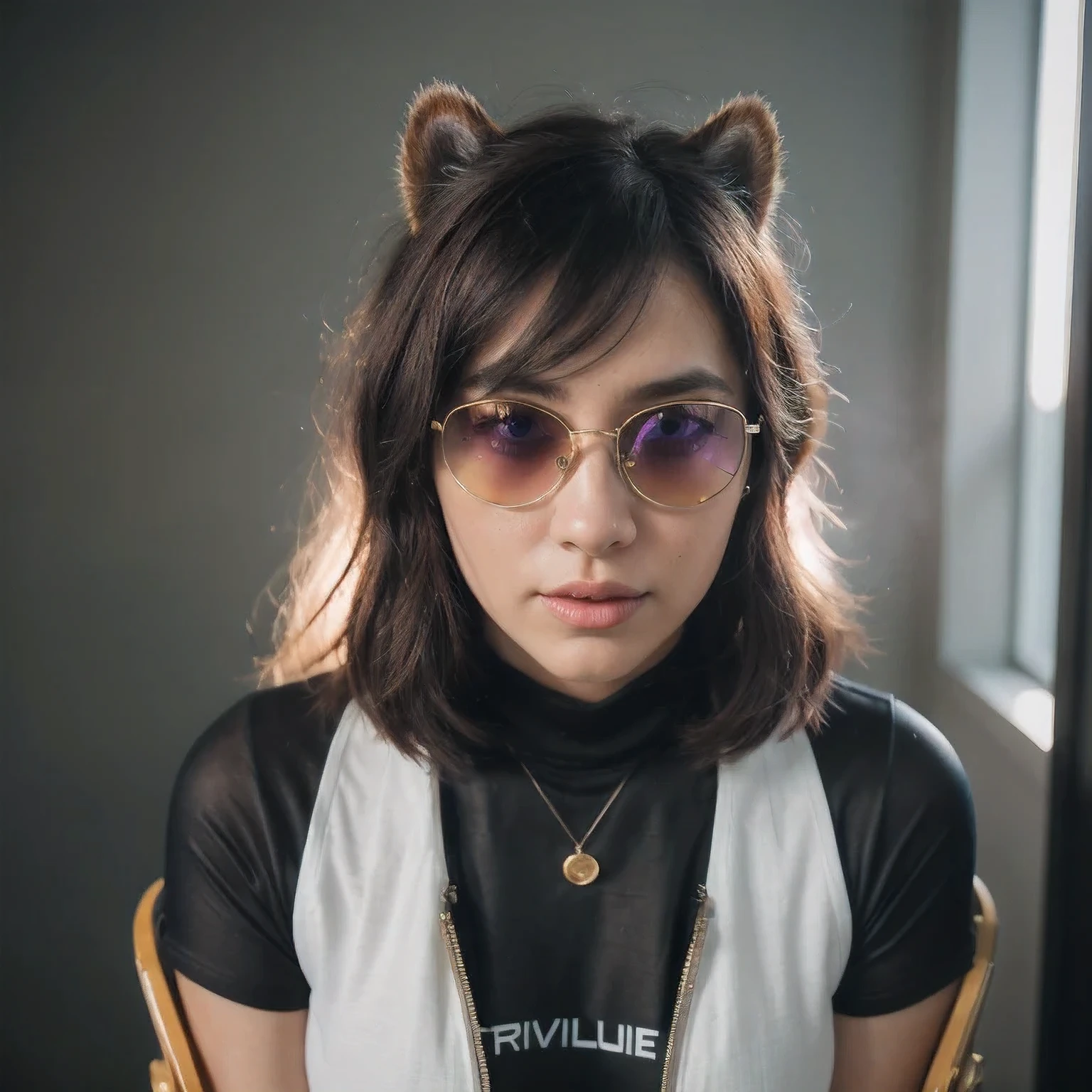  photo of a college student, Purple-Pink Gradient, futuristic space suit, (freckles:0.8) cute face, sci-fi, dystopian, detailed eyes, Heterochromia eyes（（Side view））Back Room，wearing gold frame reflective sunglasses {x} cyberpunk, black, golden and silver silk in the moonlight, big horn, go down the mountain tiger, knelt down on one knee: 6 miniature model ， wear gold frame reflective sunglasses ，
Rouge complexion， very happy ， with outstanding texture isometric ， intense contrast isometric ， long-focus model ，3D Modeling， empty model ，
 Virtual Engine ，Strong contrast， studio light chase ， bright starlight white light ，Dreamy atmosphere，Bright colors，8k， rich low-light ，Purple smoke ，Focus