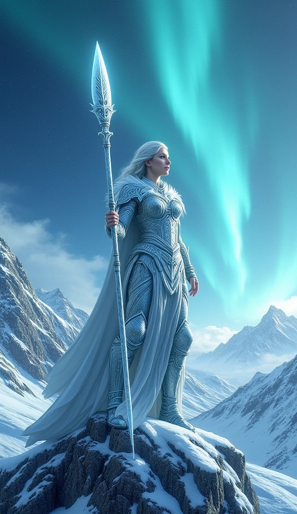 ((masterpiece)) ((photography)) ((Highest quality)) A fierce Valkyrie clad in icy silver armor with frosty details, holding a spear of ice. She stands atop a frozen mountain peak surrounded by a cold blue aurora. Her name, "Skadi," is written in a sleek silver font at the bottom, blending perfectly with the icy atmosphere.